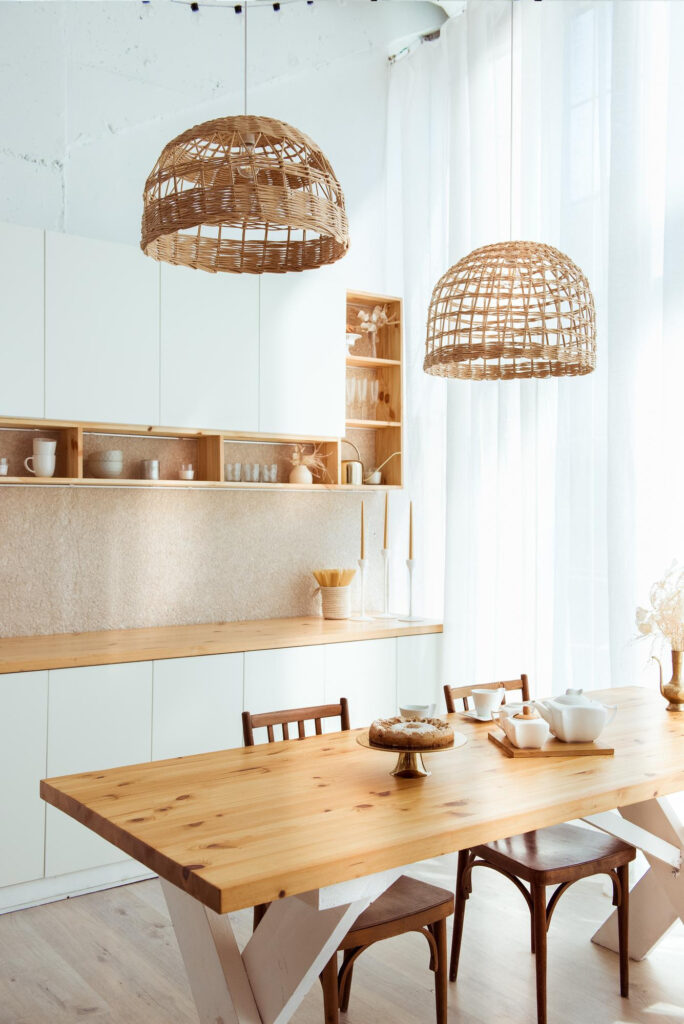 Kitchen interior in eco style and furniture made of natural wood open storag